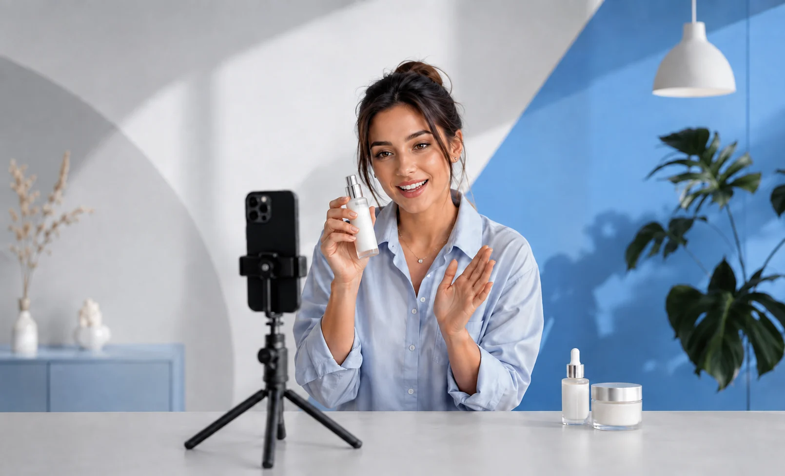 Tvorkyňa natáča produktové video mobilom na statíve